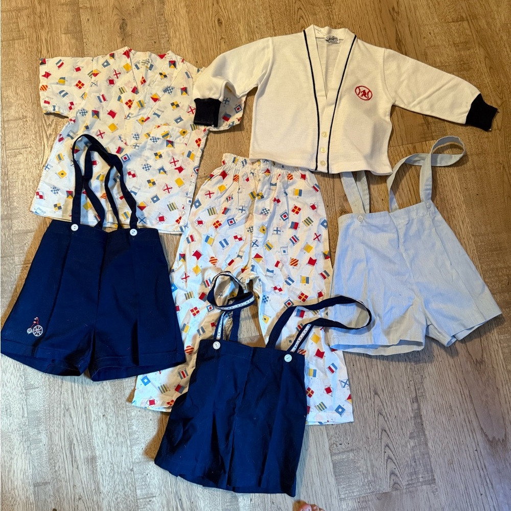 Mid Century 1959s  6pc Toddler Clothing Pjs Atomic Era Suspender Shorts & Cardig